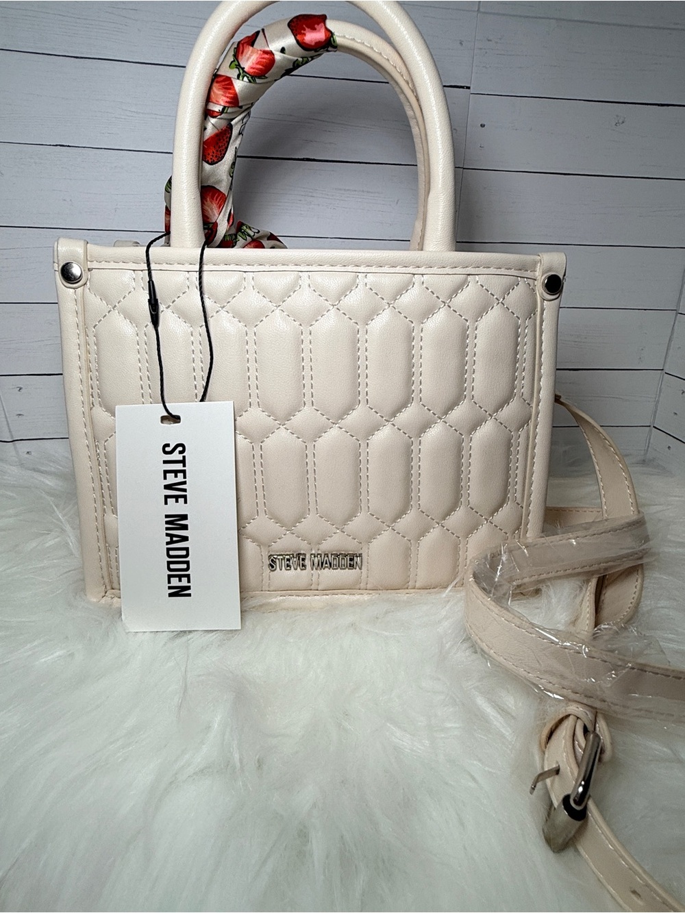 Steve Madden Cream Quilted Satchel with Scarf-Wrapped Handle